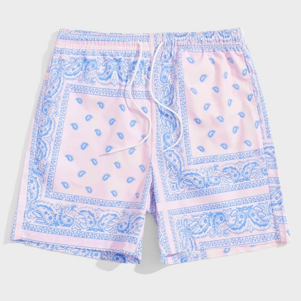 Shein Men's Blue and Pink Paisley Swim Shorts Trunks Size Large J-2293